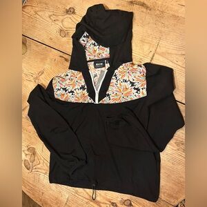 Maeve by Anthropologie Half Zip Black Hoodie with Floral Pattern Medium